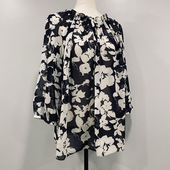 CHAPS 2X Women’s Navy White Floral Sheer Peasant Cottagecore Chic Beachy Blouse - Picture 4 of 15